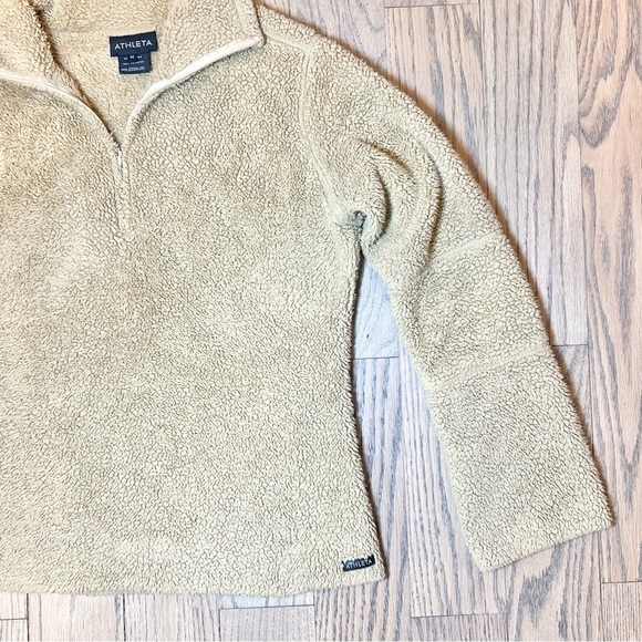 Athleta Women’s Camel Sherpa 1/4 Zip Pullover Fuzzy Warm Sweater Size Medium - Picture 8 of 15